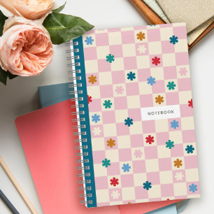 Pink Checkerboard Pattern Stars Flowers Notebook