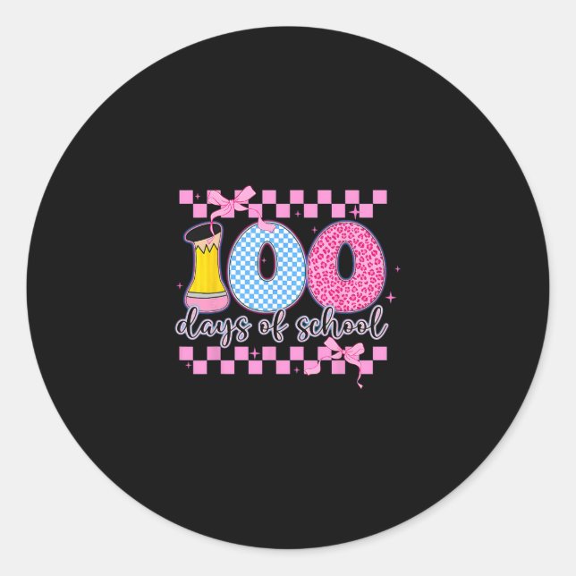Pink Checkered Coquette Bow 100 Days Of School Wom Classic Round Sticker (Front)