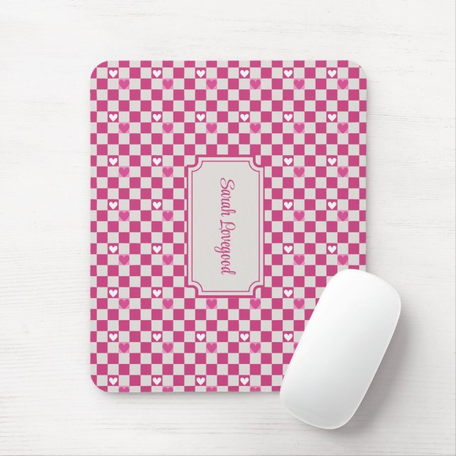 Pink Checkers & Hearts Mouse Pad (With Mouse)