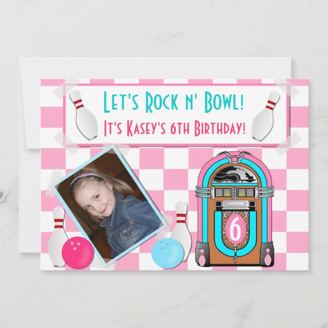 Pink Checkers Rock And Bowl Bowling Birthday Party Invitation (Front)