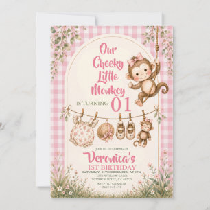 Pink Cheeky Little Monkey First Birthday  Invitation