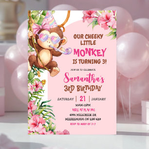 Pink Cheeky Little Monkey Savannah Theme Birthday Invitation