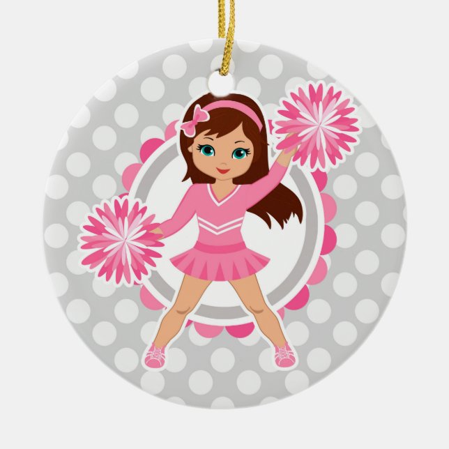 Pink Cheerleader Brunette - Cute Cheer Ceramic Tree Decoration (Front)