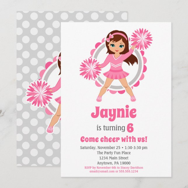 Pink Cheerleader - Brunette Girls Cheer Birthday Invitation (Front/Back)
