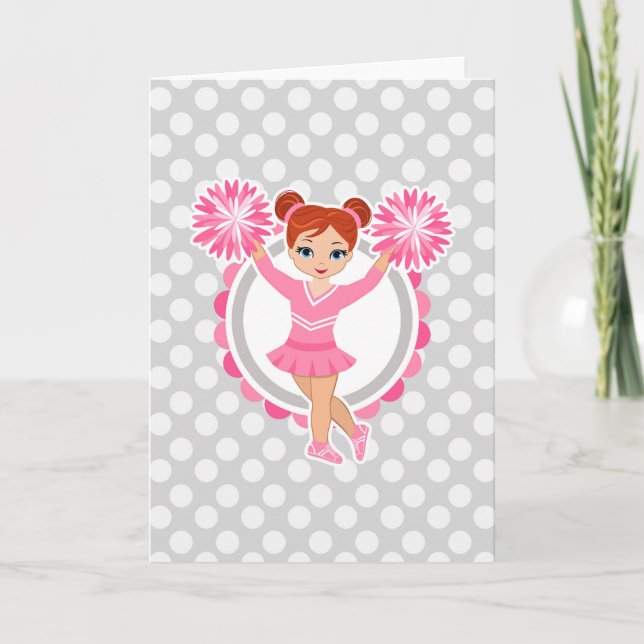 Pink Cheerleader Redhead - Cute Cheer Card (Front)