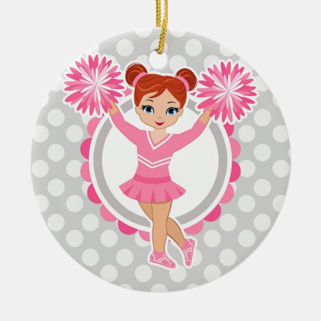 Pink Cheerleader Redhead - Cute Cheer Ceramic Tree Decoration (Front)