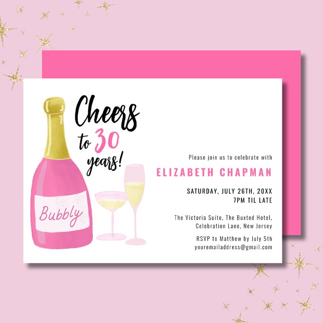 Pink Cheers to 30 years bubbly 30th birthday Invitation (Cheers to 30 years pink champagne 30th birthday invitation.  Full 30th birthday party range.)