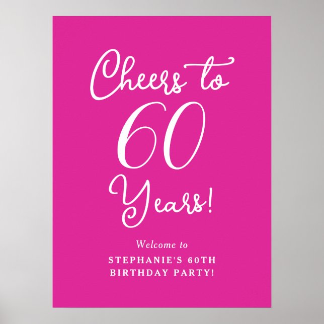 Pink Cheers to 60 Years Birthday Party Sign (Front)