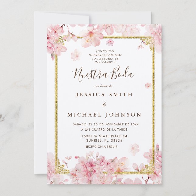 Pink Cheery Blossom Nuestra Boda Spanish Wedding  Invitation (Front)