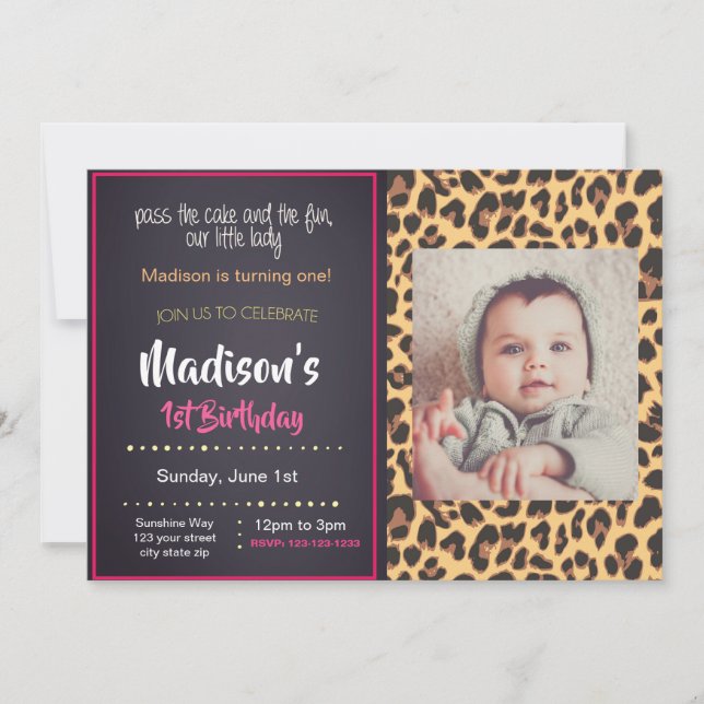 Pink Cheetah Birthday Invitation with Photo (Front)