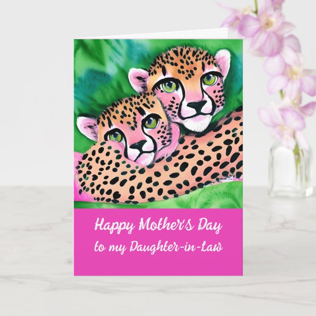 Pink Cheetah Cub + Mum Mothers Day Daughter-in-Law Card (Orchid)