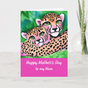 Pink Cheetah Cub + Mum Niece Mothers Day Card