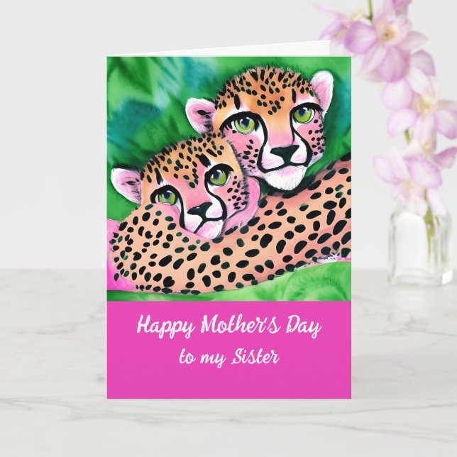 Pink Cheetah Cub + Mum Sister Mothers Day  Card (Orchid)