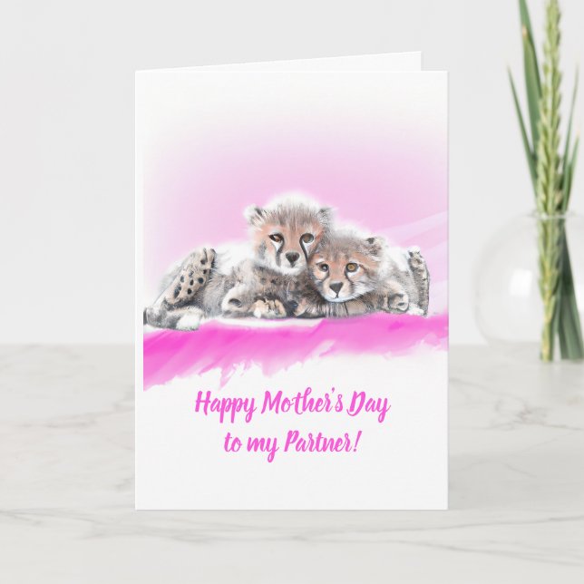 Pink Cheetah Cubs Partner Mother's Day Card (Front)