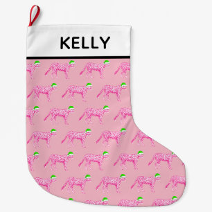 Pink Cheetah in Santa Hat Large Christmas Stocking