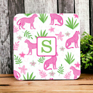 Pink Cheetah Monogram White Preppy Coaster