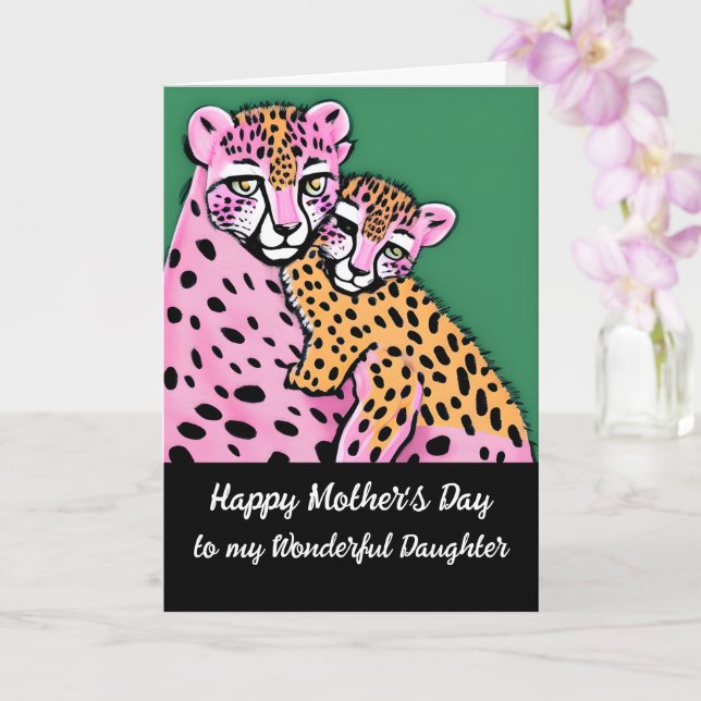 Pink Cheetah Mum + Cub Daughter Mothers Day  Card (Orchid)