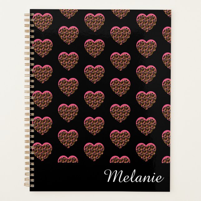 Pink Cheetah Print Hearts Name Pattern Planner (Front)