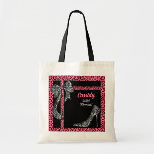 Pink Cheetah Print with Name on Black Tote Bag