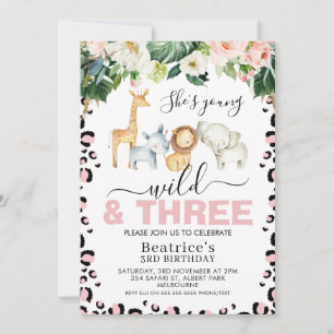 Pink Cheetah Print Young Wild and Three Birthday Invitation