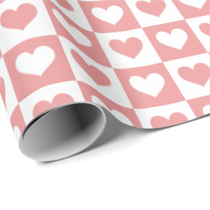 Pink Chequerboard Hearts Pattern Valentine's Day Wrapping Paper