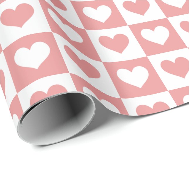 Pink Chequerboard Hearts Pattern Valentine's Day Wrapping Paper (Roll Corner)