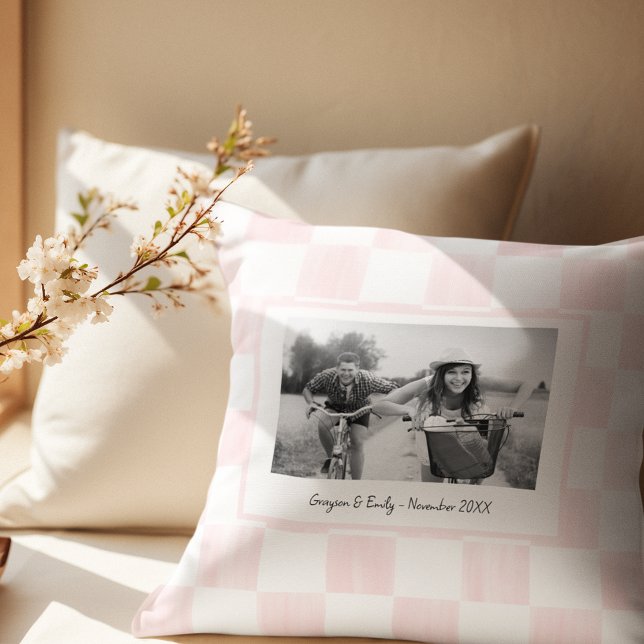 Pink Chequerboard Personalised Photo Cushion (Creator Uploaded)