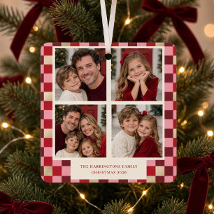 Pink Chequered 4 Photo Family Christmas  Metal Tree Decoration