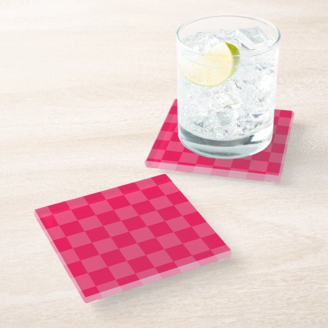 Pink chequered background glass coaster (Angled)