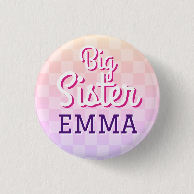 Pink Chequered Big Sister Pin Button (Front)