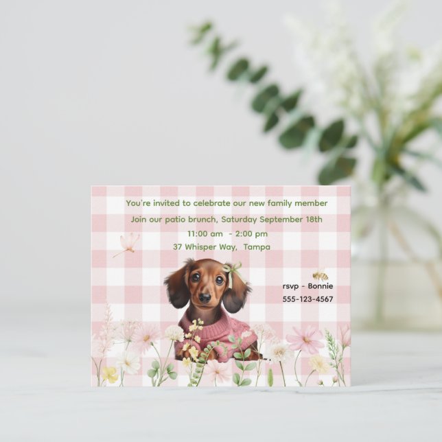 Pink Chequered Dachshund Invitation (Standing Front)