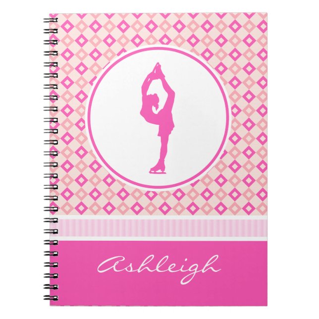 Pink Chequered Diamonds Figure Skater w/ Monogram Spiral Notebook (Front)