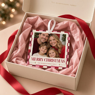 Pink Chequered Family Photo Christmas Metal  Tree Decoration
