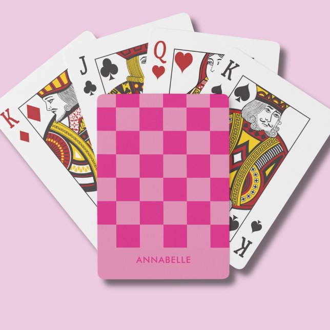 Pink Chequered girls Playing Cards (Pink checkerboard personalized playing cards)