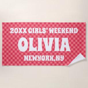 Pink Chequered Girls Weekend Personalised Name Beach Towel
