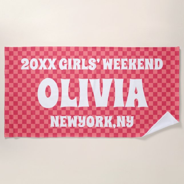 Pink Chequered Girls Weekend Personalised Name  Beach Towel (Front)
