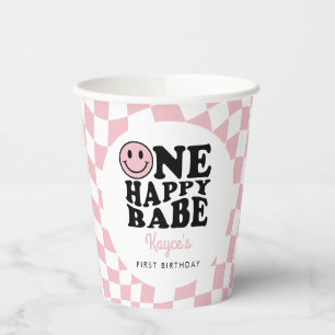 Pink Chequered Smile One Happy Babe 1st Birthday Paper Cups