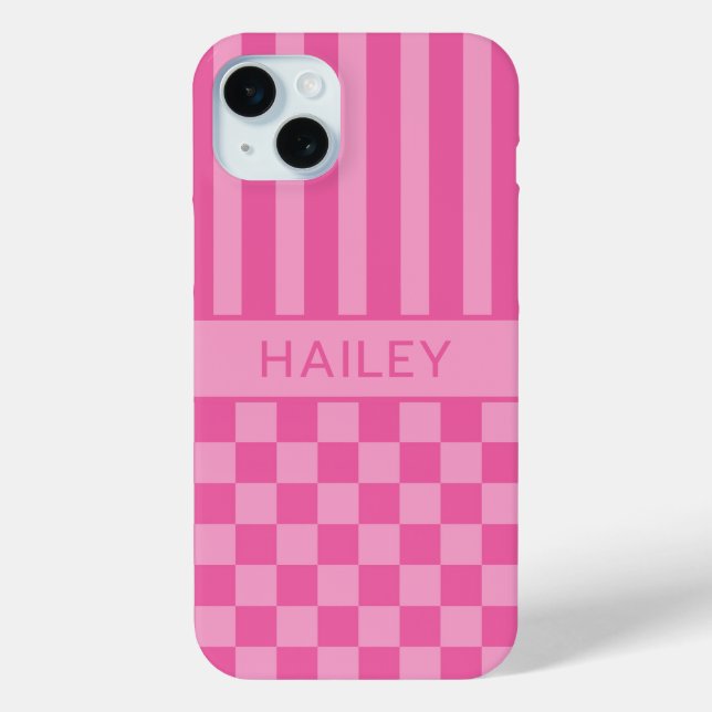Pink Chequered Striped Personalised Case (Back)