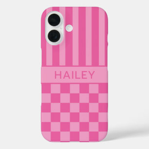 Pink Chequered Striped Personalised iPhone 16 Case