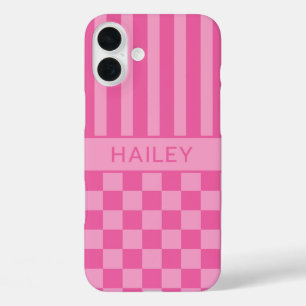 Pink Chequered Striped Personalised iPhone 16 Plus Case