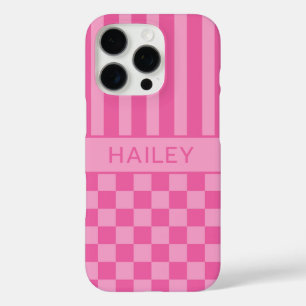 Pink Chequered Striped Personalised iPhone 16 Pro Case