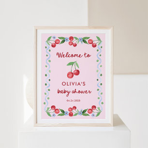 Pink Cherries Whimsical Retro Baby Shower Welcome Poster