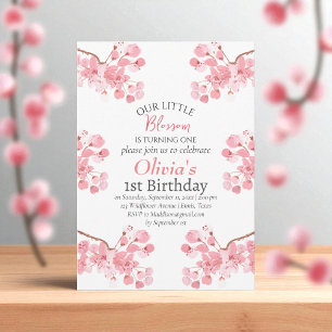 Pink Cherry Blossom 1st First Birthday Floral  Invitation