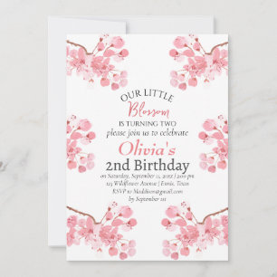Pink Cherry Blossom 2nd Second Birthday Floral  Invitation