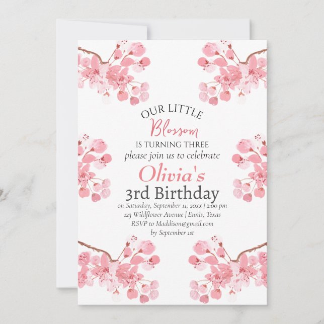 Pink Cherry Blossom 3rd Third Birthday Floral  Invitation (Front)
