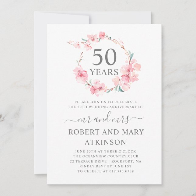 Pink Cherry Blossom 50th Wedding Anniversary Invitation (Front)