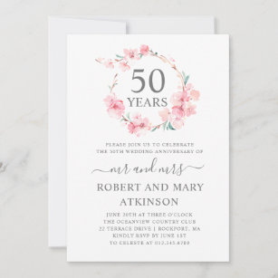 Pink Cherry Blossom 50th Wedding Anniversary Invitation