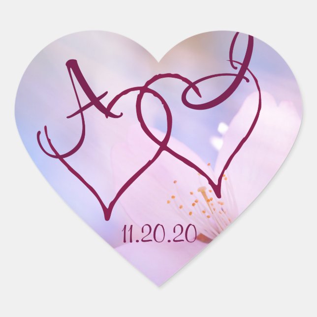 Pink cherry blossom and two hearts customisable heart sticker (Front)
