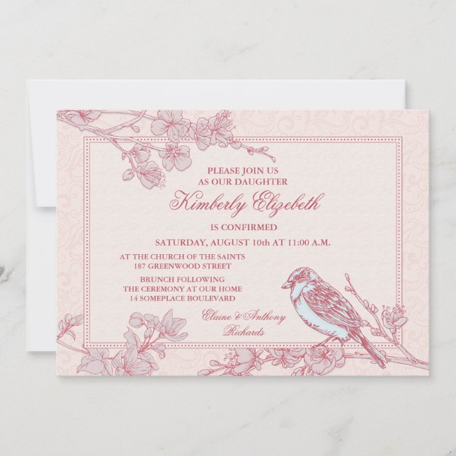 Pink Cherry Blossom Bird Confirmation Invitation (Front)