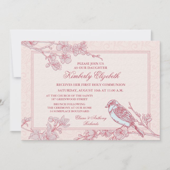 Pink Cherry Blossom Bird First Communion Invitation (Front)
